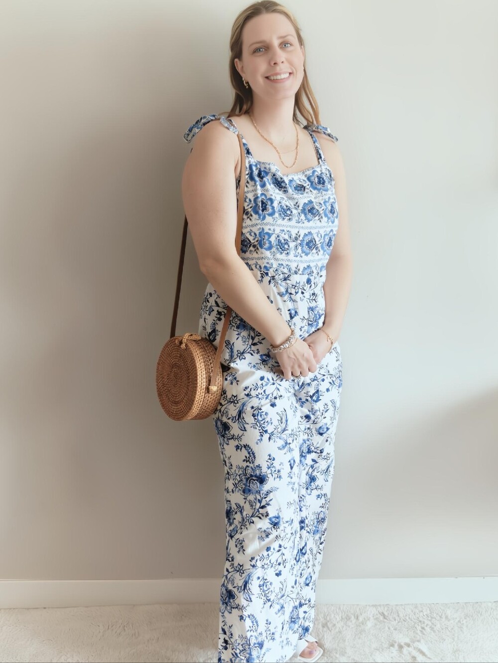 Francescas Blue White Floral Wide Leg Jumpsuit | Size XL | Tie Strap Coastal